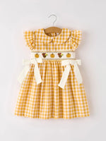 Rylee Faith Designs Autumn Thanksgiving Yellow Plaid Turkey Pumpkin Embroidery Smock Dress for Girls - 