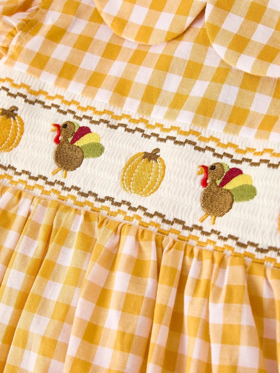 Rylee Faith Designs Autumn Thanksgiving Yellow Plaid Turkey Pumpkin Embroidery Smock Dress for Girls - 