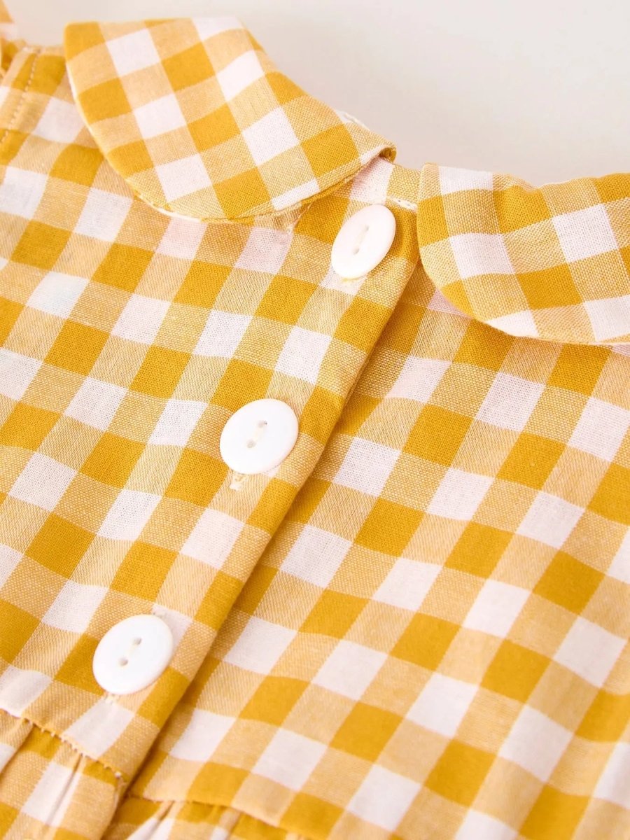 Rylee Faith Designs Autumn Thanksgiving Yellow Plaid Turkey Pumpkin Embroidery Smock Girls Romper - 