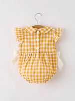 Rylee Faith Designs Autumn Thanksgiving Yellow Plaid Turkey Pumpkin Embroidery Smock Girls Romper - 