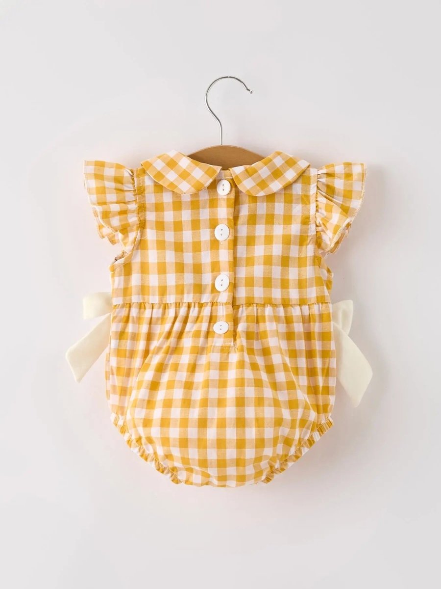 Rylee Faith Designs Autumn Thanksgiving Yellow Plaid Turkey Pumpkin Embroidery Smock Girls Romper - 