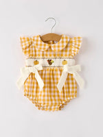 Rylee Faith Designs Autumn Thanksgiving Yellow Plaid Turkey Pumpkin Embroidery Smock Girls Romper - 