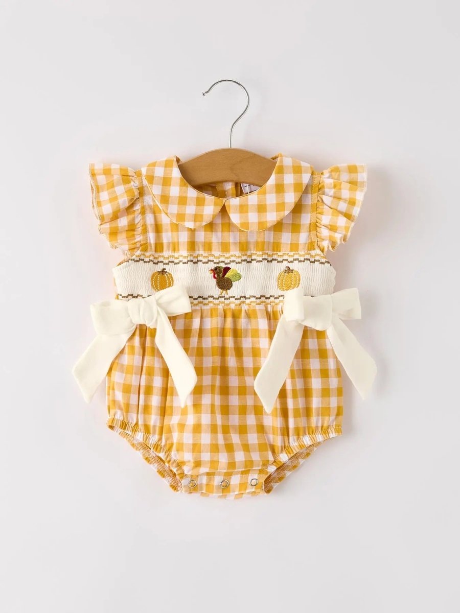 Rylee Faith Designs Autumn Thanksgiving Yellow Plaid Turkey Pumpkin Embroidery Smock Girls Romper - 