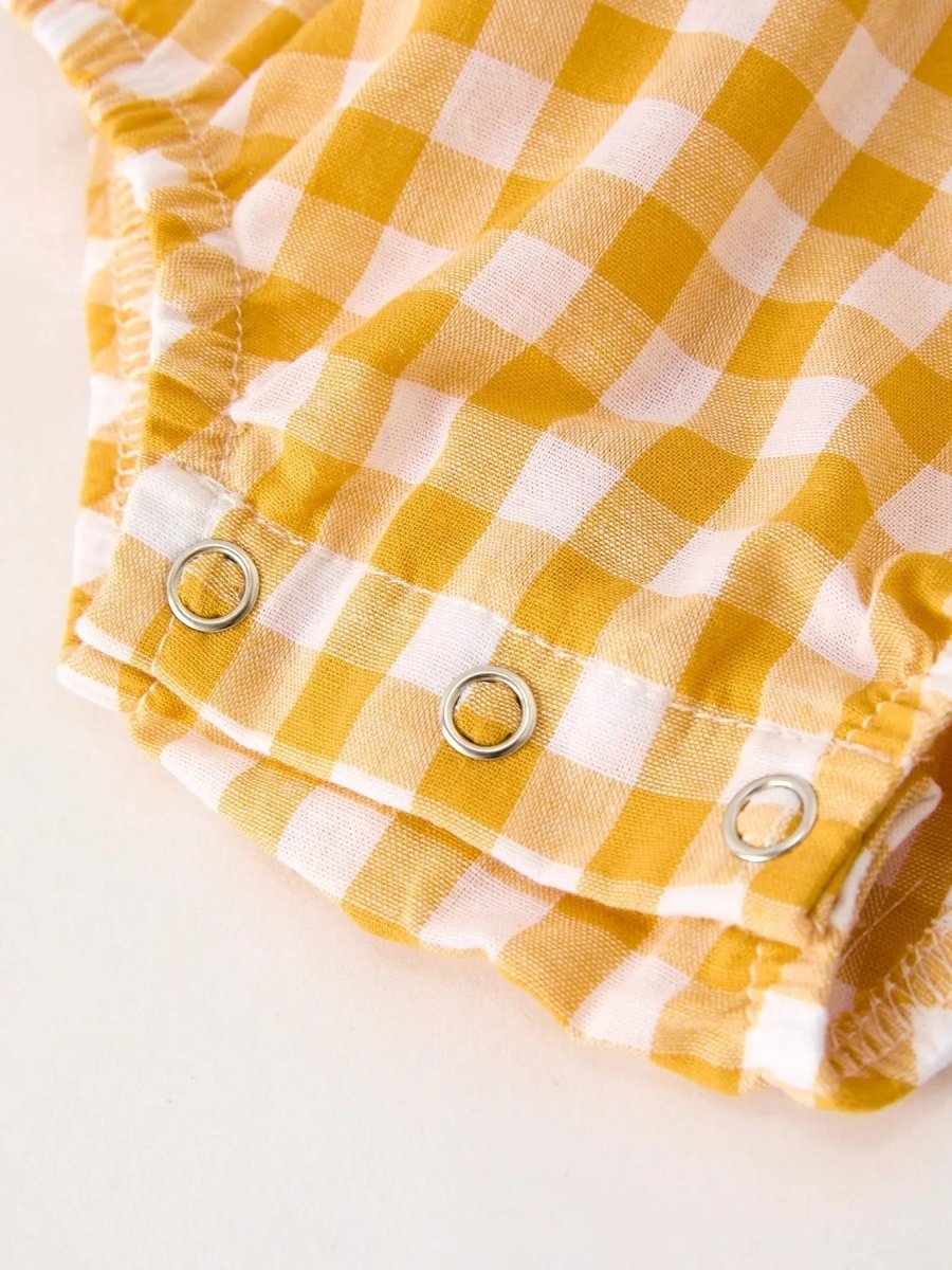 Rylee Faith Designs Autumn Thanksgiving Yellow Plaid Turkey Pumpkin Embroidery Smock Girls Romper - 