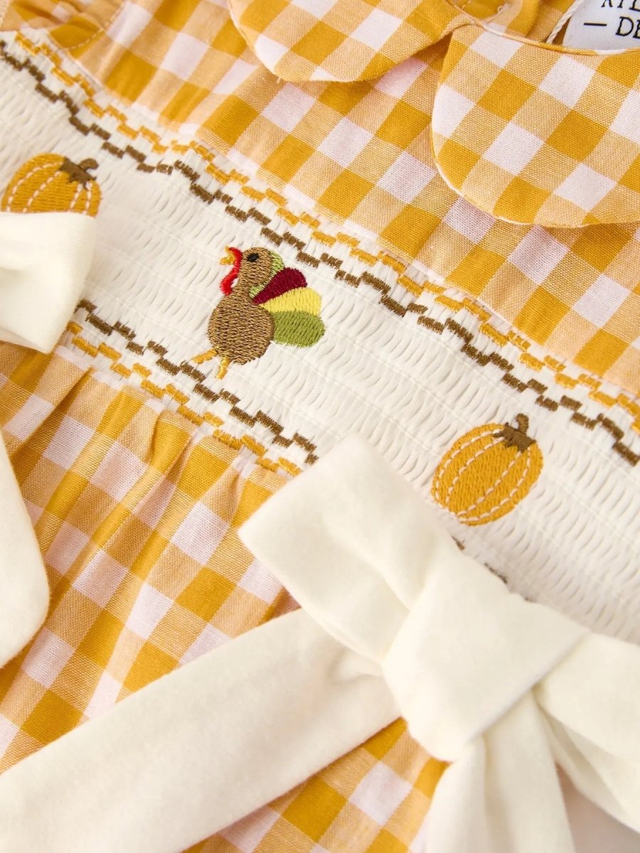 Rylee Faith Designs Autumn Thanksgiving Yellow Plaid Turkey Pumpkin Embroidery Smock Girls Romper - 