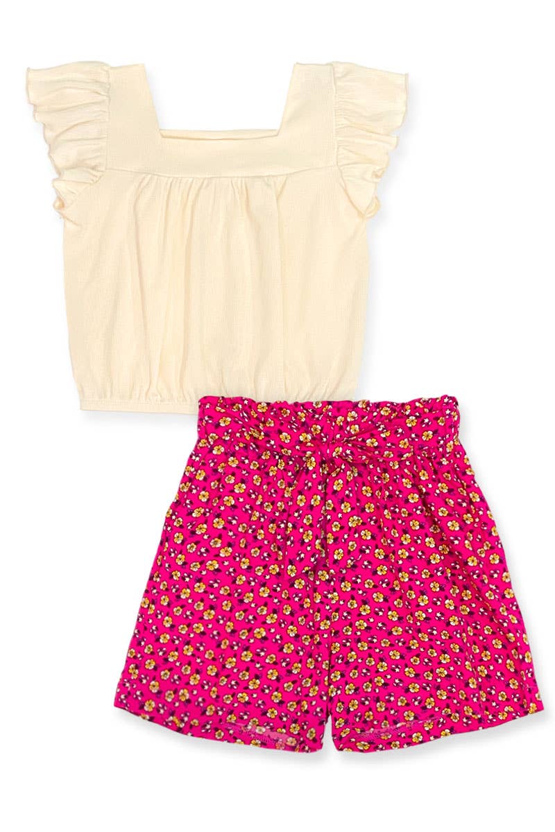Cutie Patootie Clothing - GKSS-3303B-Q201 Girl's 2 pc Floral Short Set w/ Ribbed Top - Creme/Fuchsia Floral / S6/7 by Cutie Patootie Clothing at Everetts Place