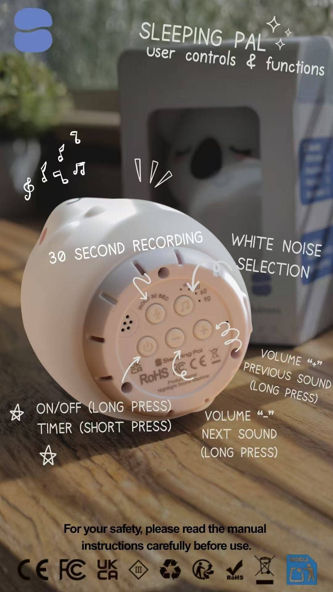 Sleeping Pal night light with white noise sleep aid for babies and kids.