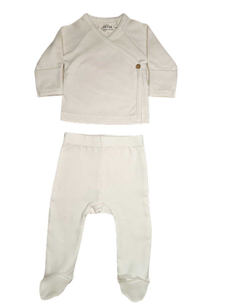 Organic newborn kimono set with footed pants from Lucy Lue Organics, soft and gentle.