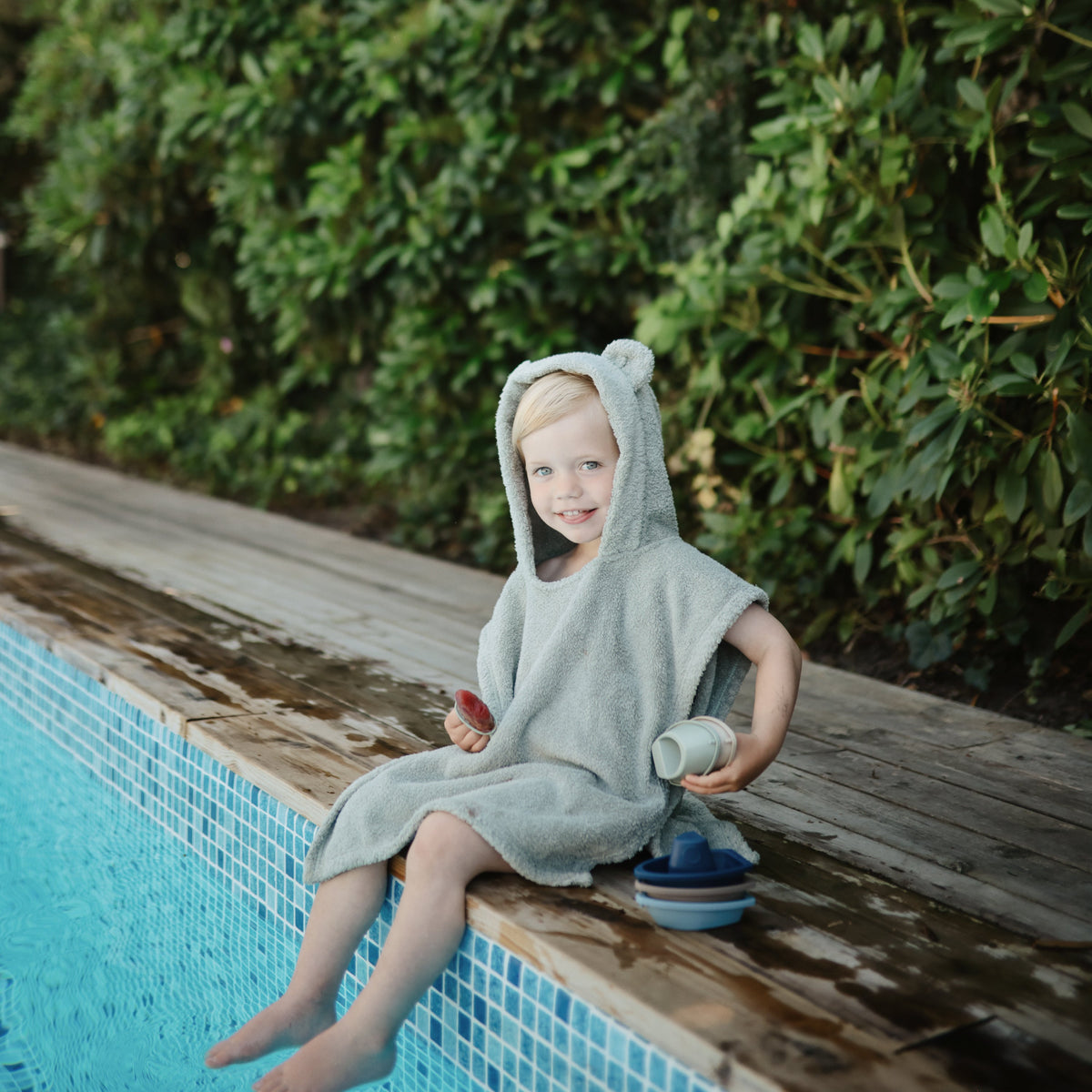 Mushie organic baby Bear Poncho Towel, cozy hooded bath wrap.
