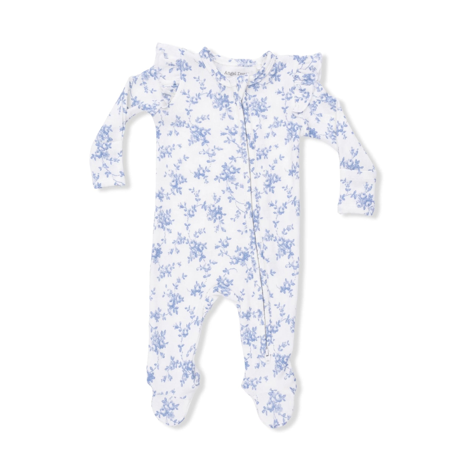 Angel Dear Baby Blue Vines Floral - 2 Way Ruffle Sleeve Zipper Footie - 