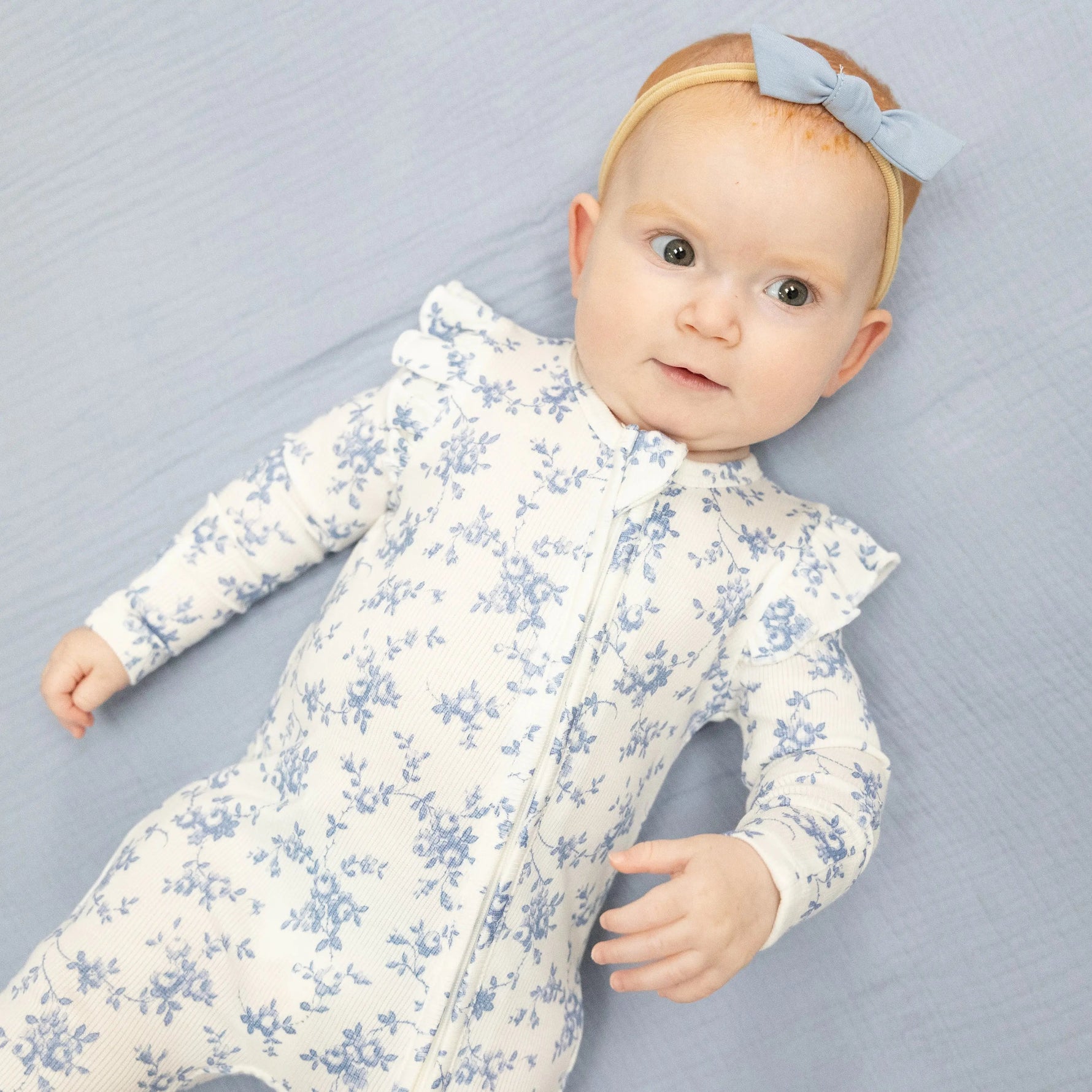 Angel Dear Baby Blue Vines Floral - 2 Way Ruffle Sleeve Zipper Footie - 