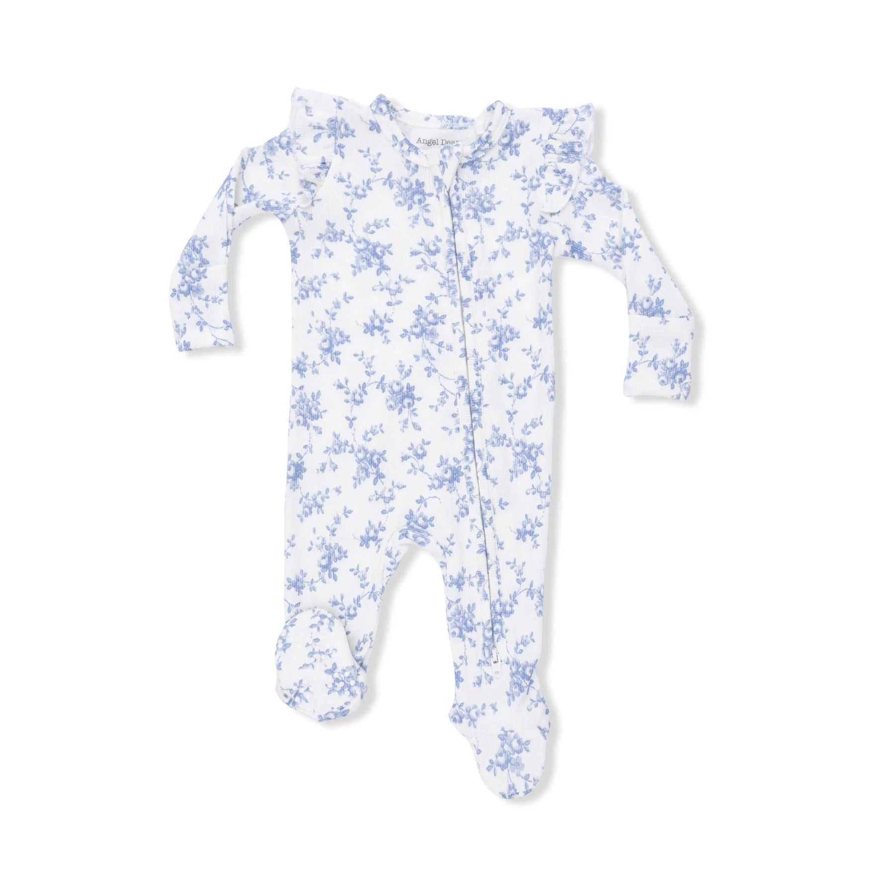 Angel Dear Baby Blue Vines Floral - 2 Way Ruffle Sleeve Zipper Footie - 