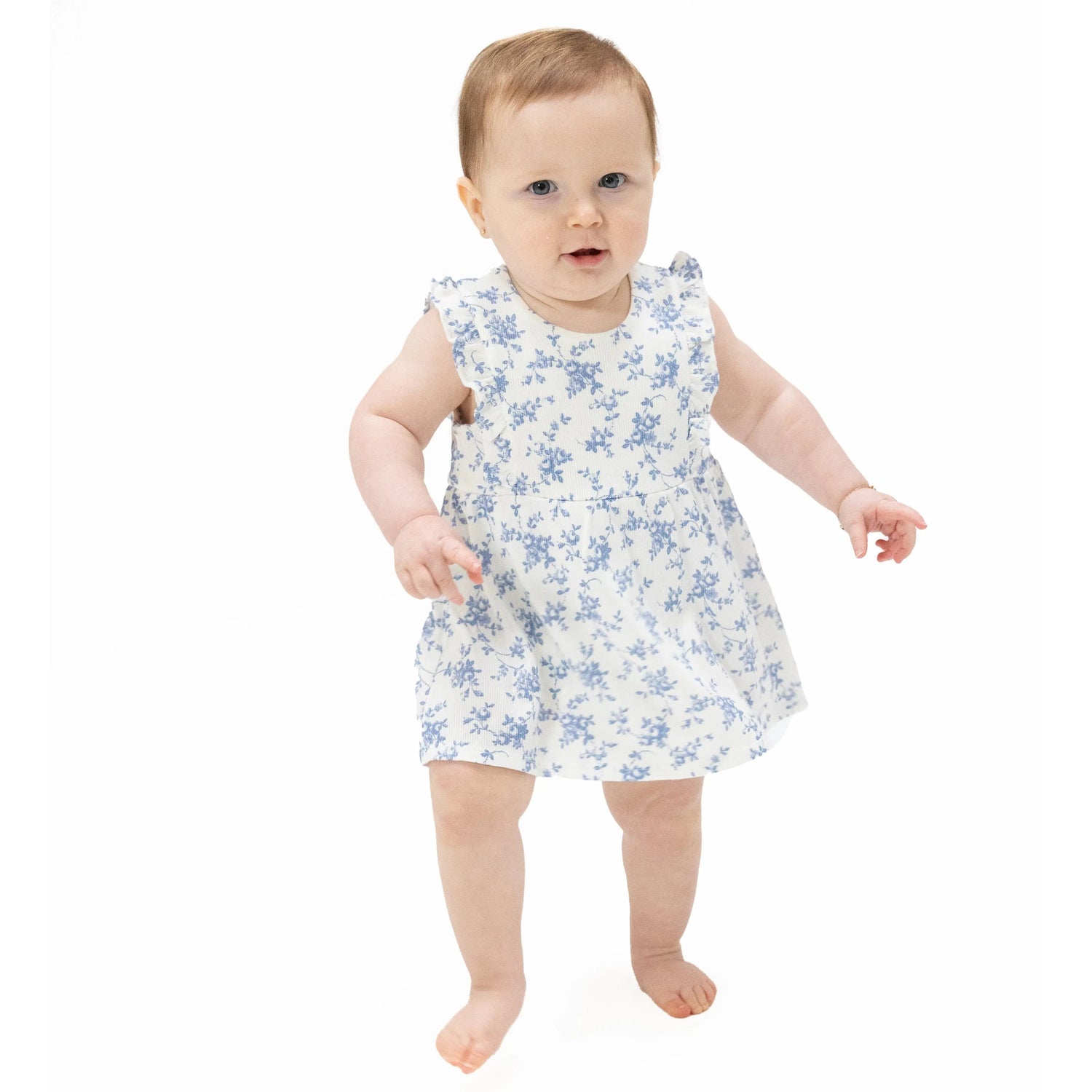 Angel Dear Baby Blue Vines Floral - Ruffle Bodysuit Dress - 