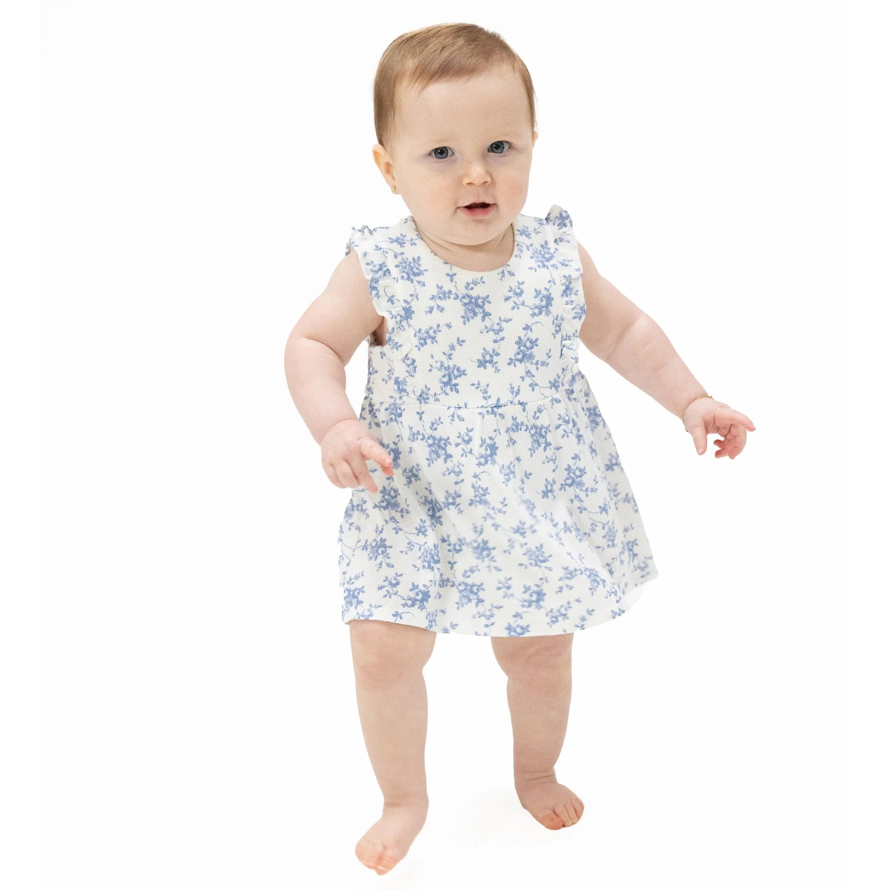 Angel Dear Baby Blue Vines Floral - Ruffle Bodysuit Dress - 
