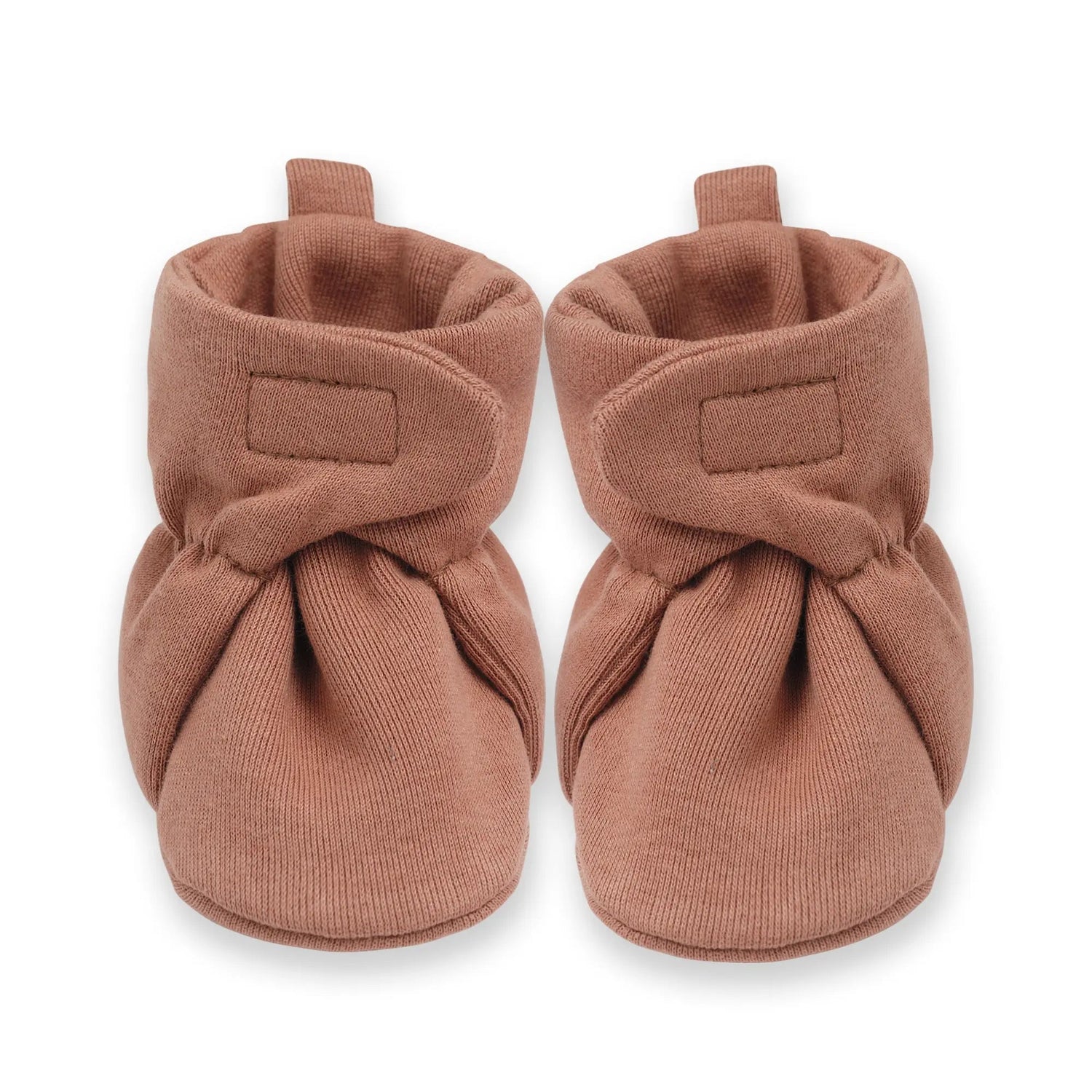 Pair of pecan brown baby booties with Velcro closure straps