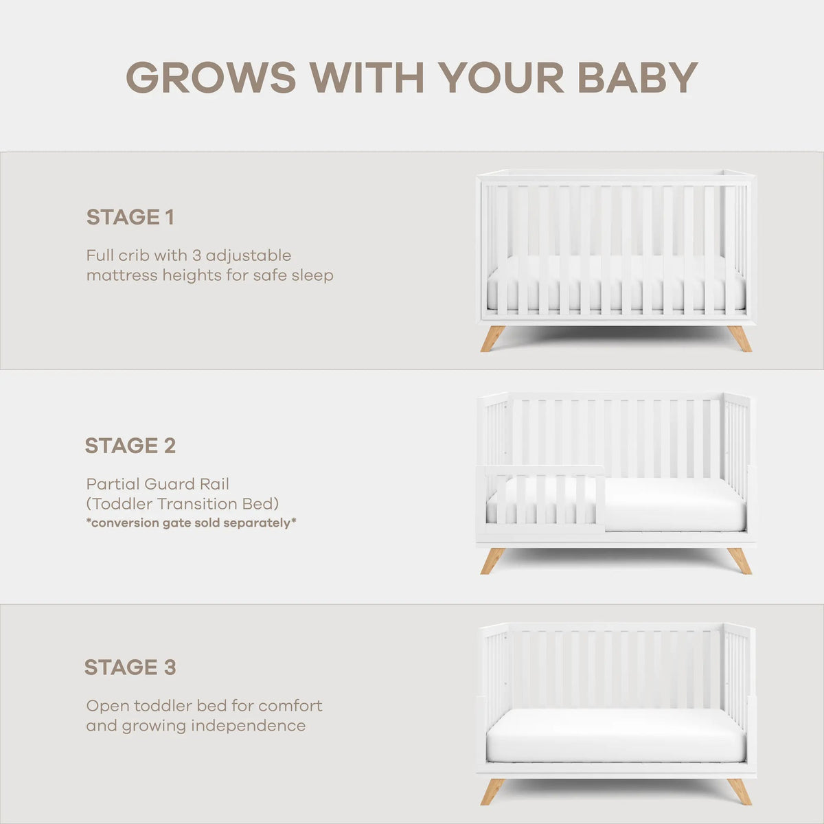 Comfy Cubs Baby Crib for 0 to 3 Years - White Bars and Frame and Natural Wood Leg - 