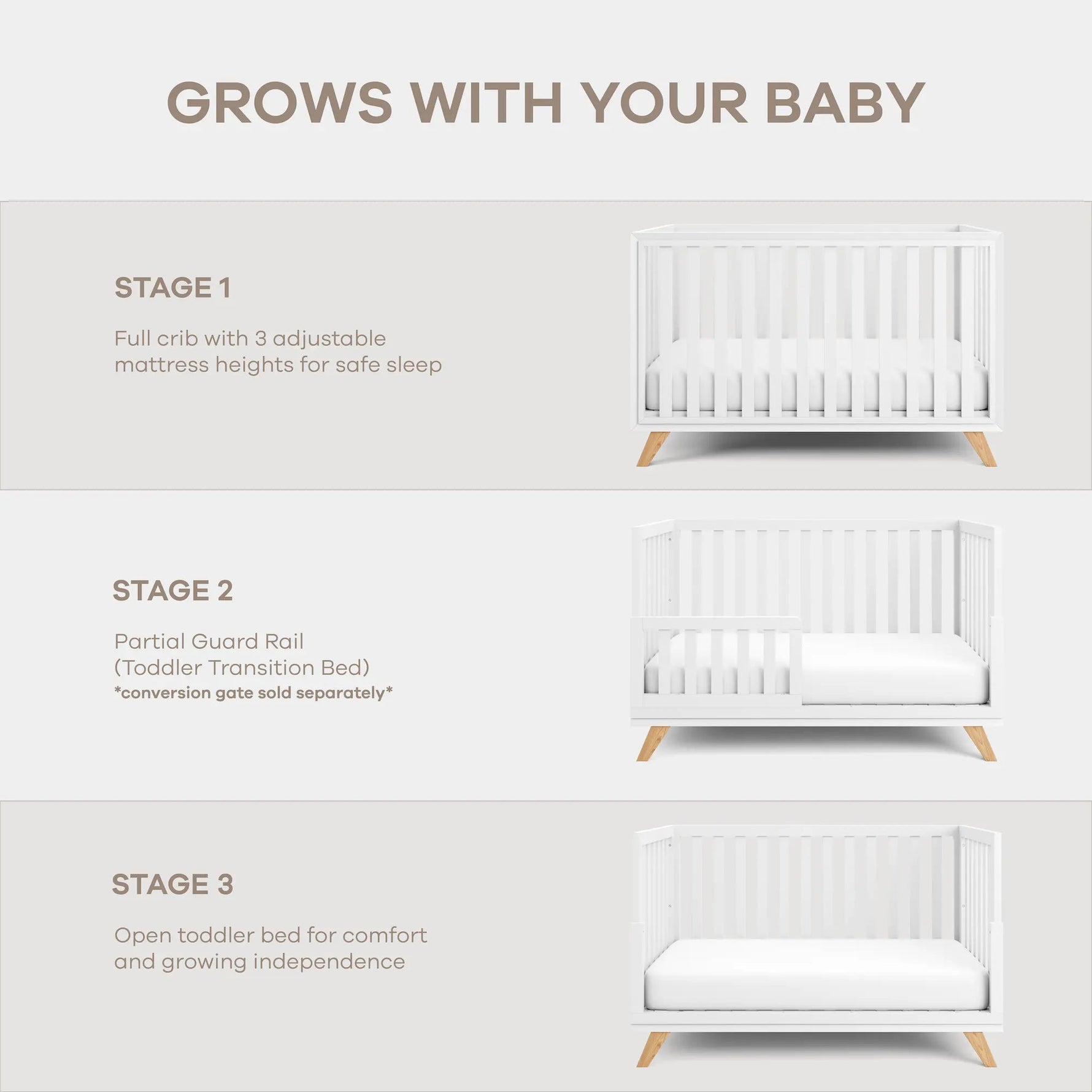 Comfy Cubs Baby Crib for 0 to 3 Years - White Bars and Frame and Natural Wood Leg - 