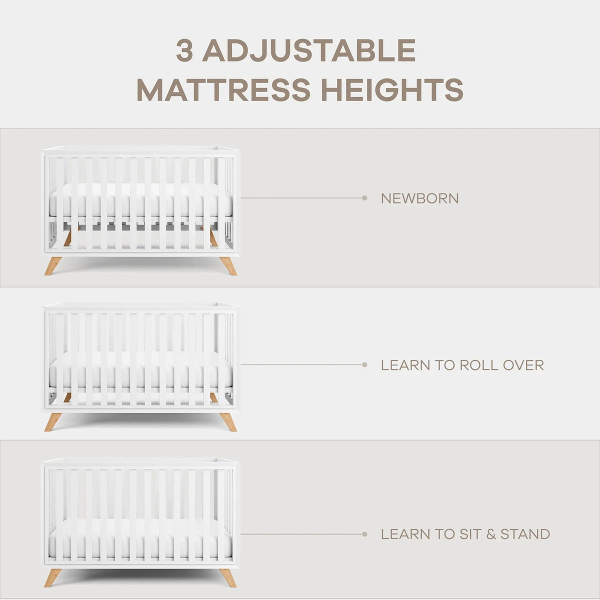Comfy Cubs Baby Crib for 0 to 3 Years - White Bars and Frame and Natural Wood Leg - 