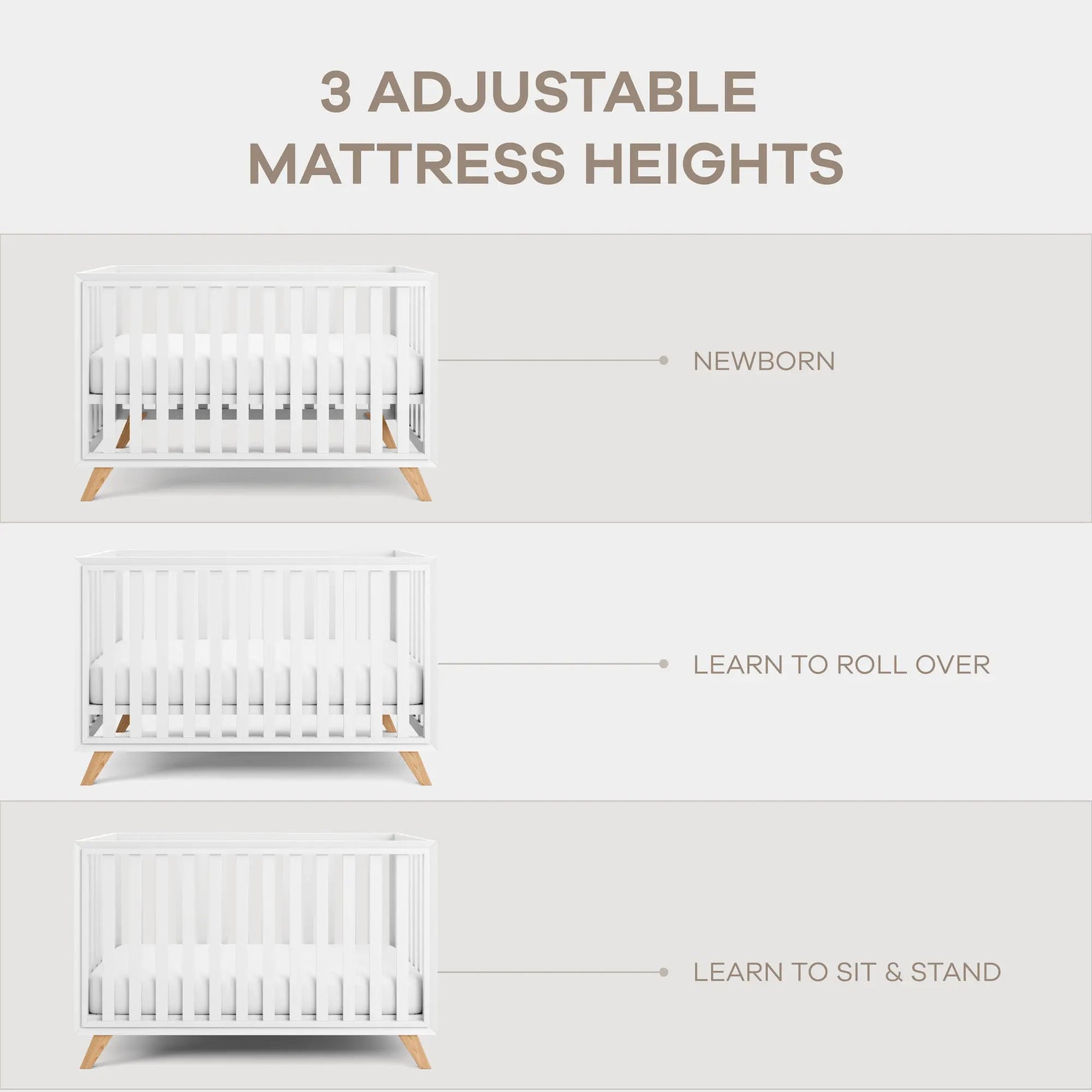 Comfy Cubs Baby Crib for 0 to 3 Years - White Bars and Frame and Natural Wood Leg - 