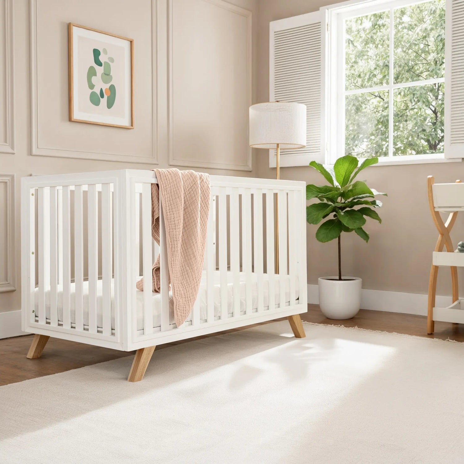 Comfy Cubs Baby Crib for 0 to 3 Years - White Bars and Frame and Natural Wood Leg - 