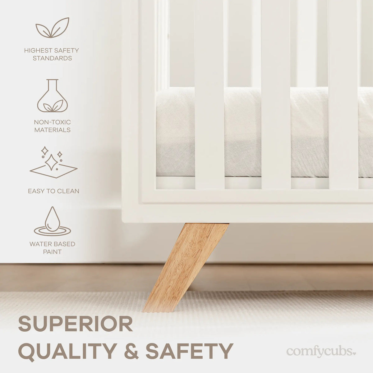 Comfy Cubs Baby Crib for 0 to 3 Years - White Bars and Frame and Natural Wood Leg - 