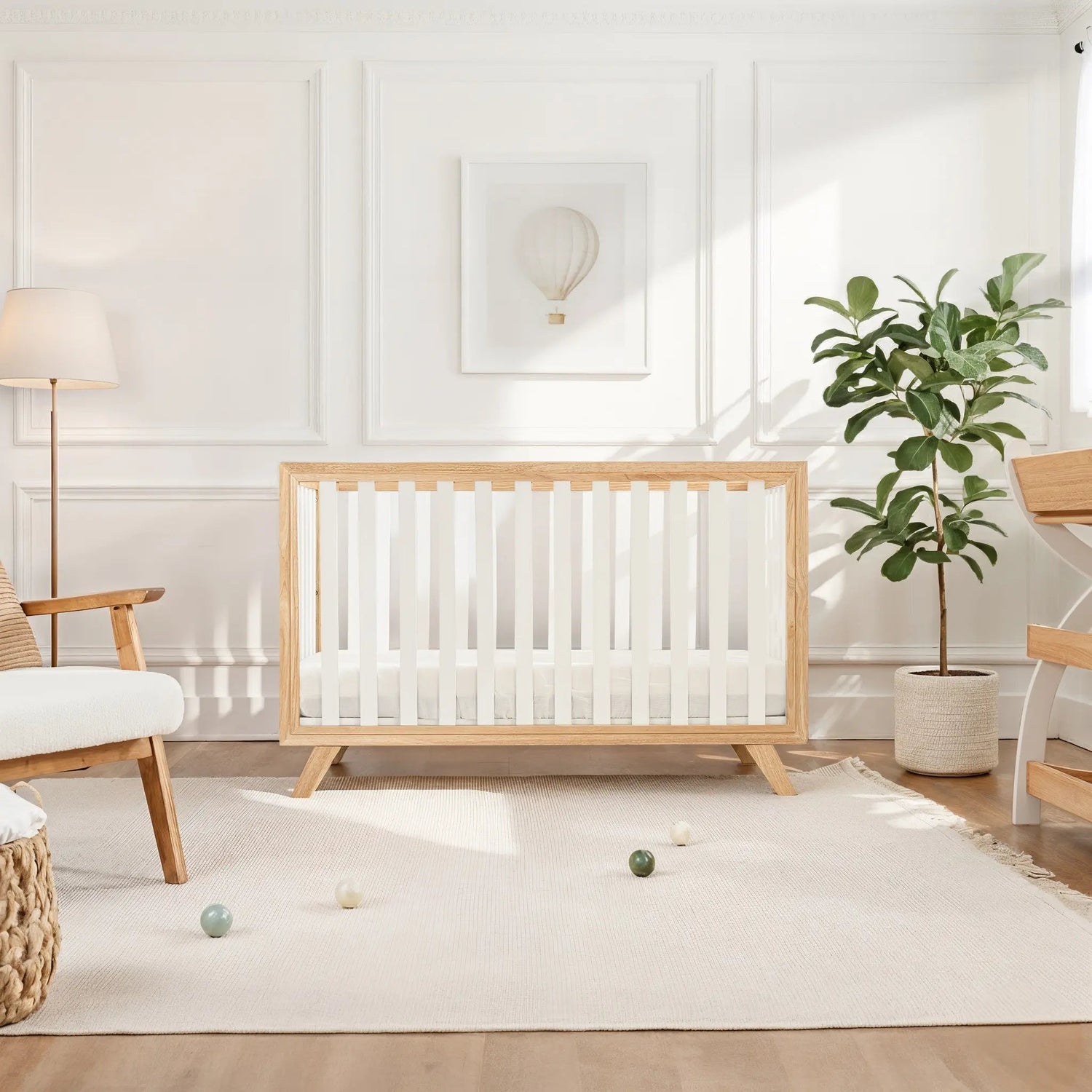 Comfy Cubs Baby Crib for 0 to 3 Years - White Bars and Natural Wood Frame and Legs - 