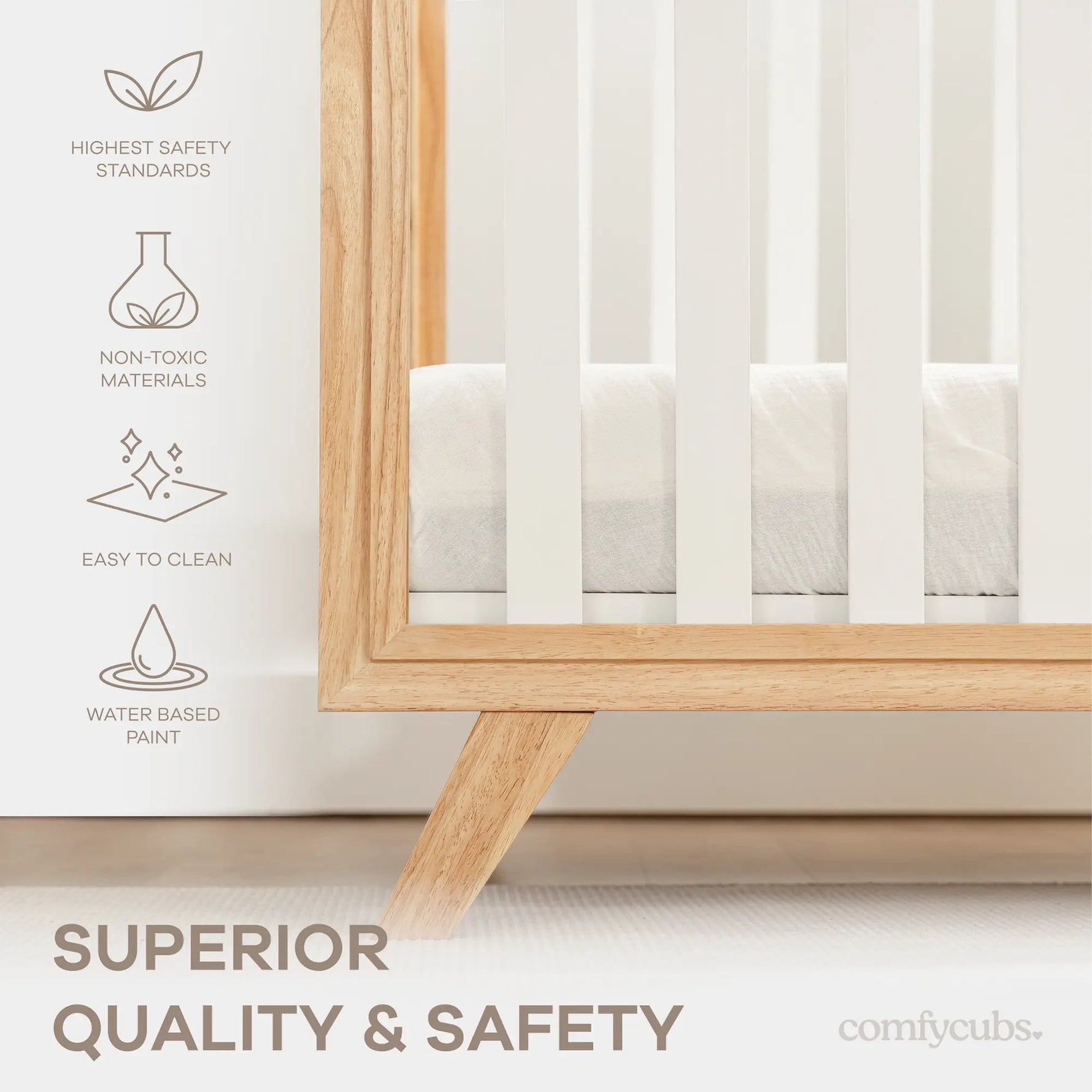 Comfy Cubs Baby Crib for 0 to 3 Years - White Bars and Natural Wood Frame and Legs - 
