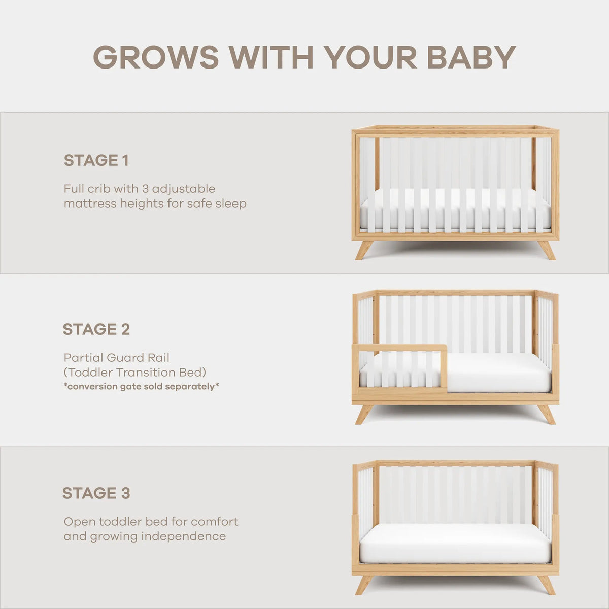 Comfy Cubs Baby Crib for 0 to 3 Years - White Bars and Natural Wood Frame and Legs - 