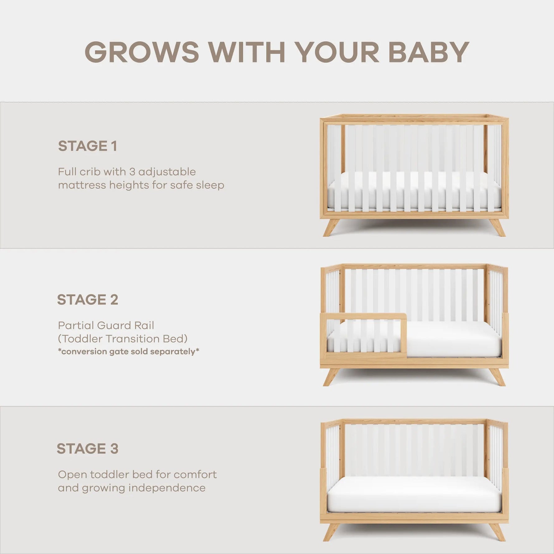 Comfy Cubs Baby Crib for 0 to 3 Years - White Bars and Natural Wood Frame and Legs - 