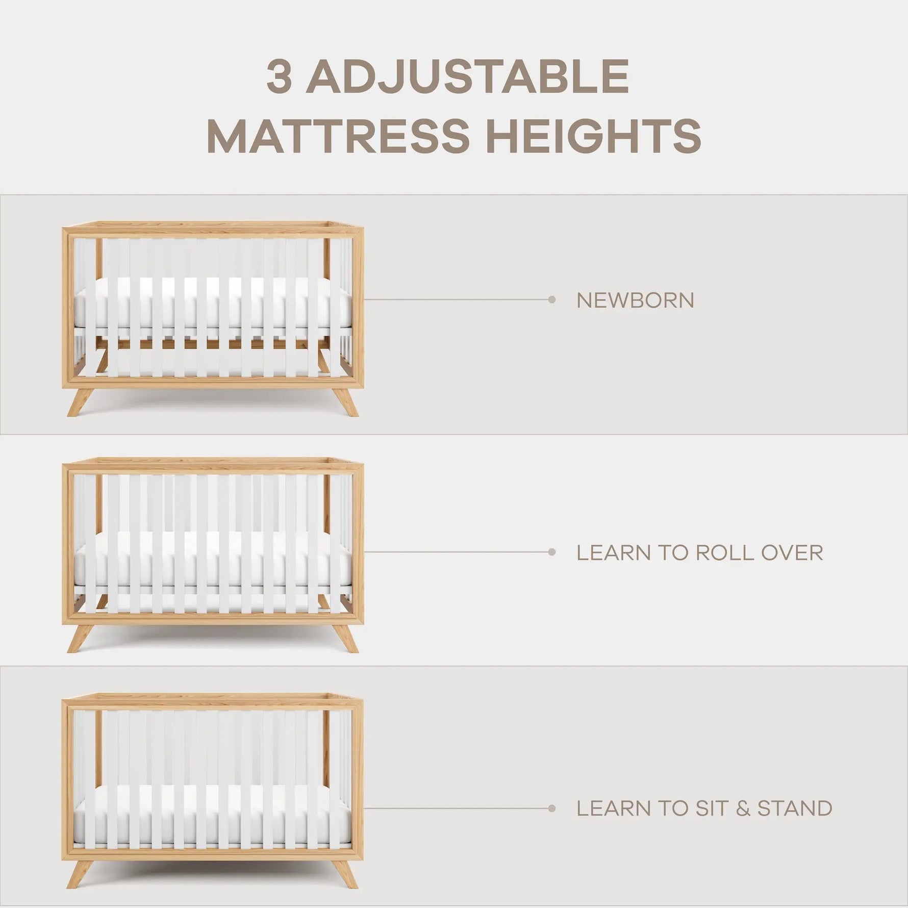 Comfy Cubs Baby Crib for 0 to 3 Years - White Bars and Natural Wood Frame and Legs - 