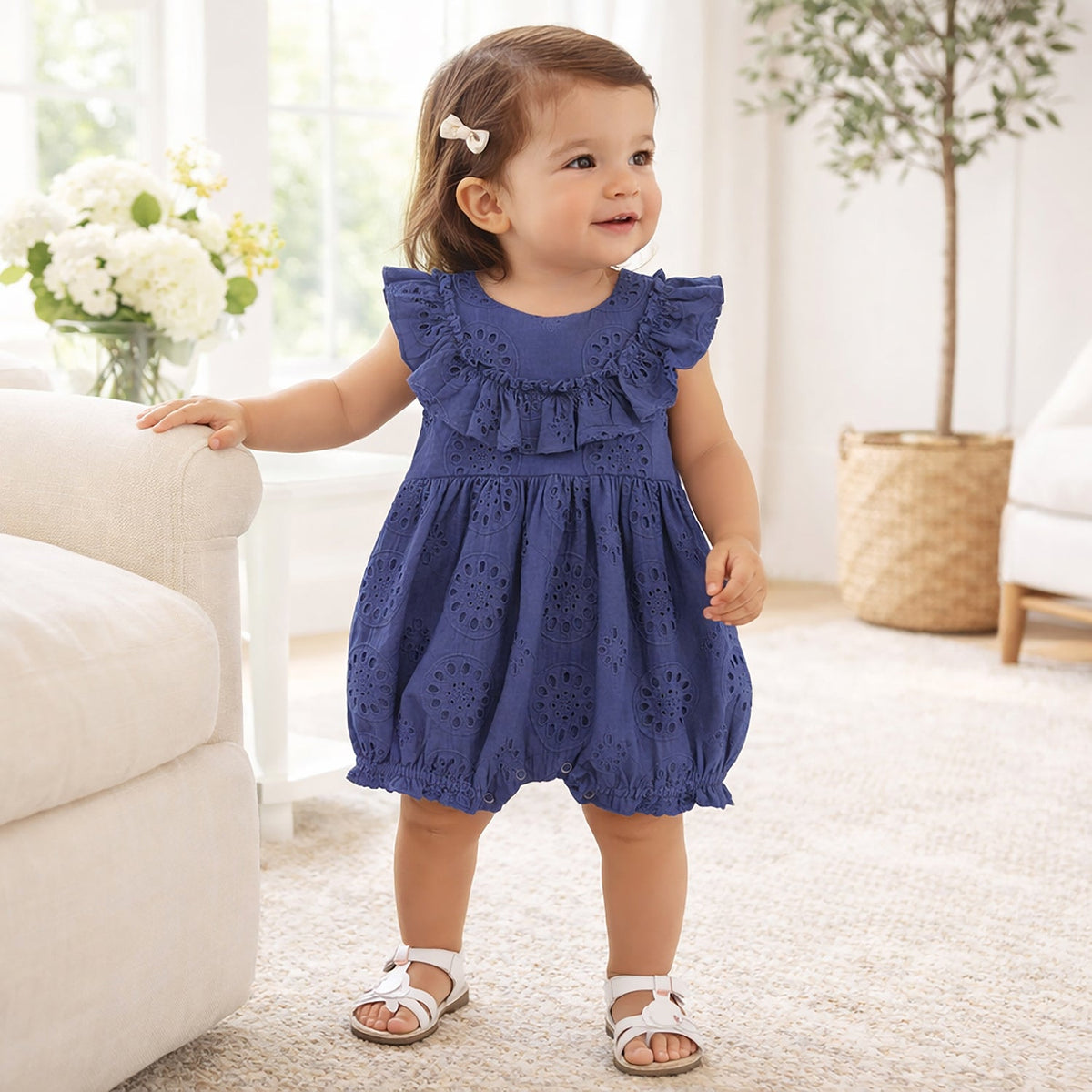 Tesa Babe Baby Eyelet Romper Blue Cotton Ruffle One - Piece for GirlsEveretts Place