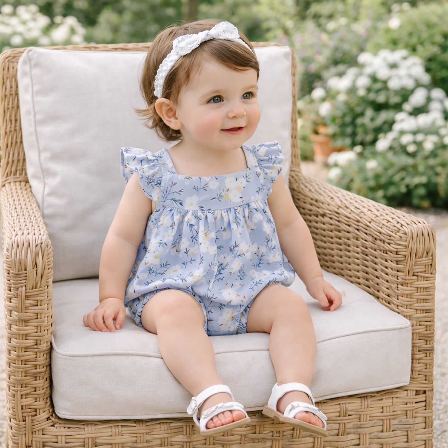 Tesa Babe Baby Girl Blue Floral Bubble Romper – Cotton Linen SunsuitEveretts Place