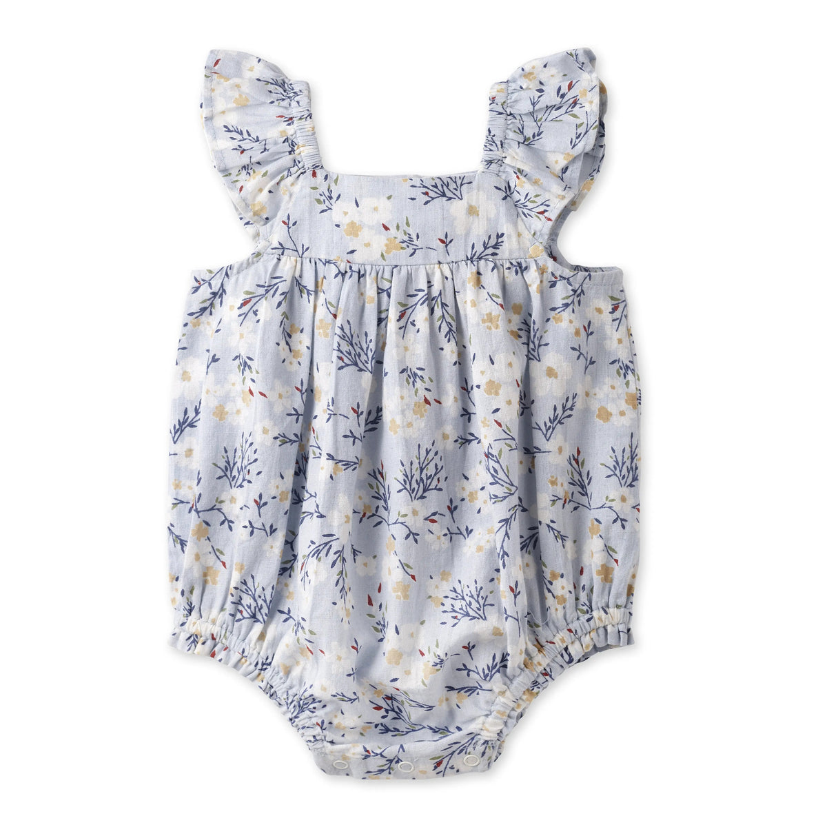 Tesa Babe Baby Girl Blue Floral Bubble Romper – Cotton Linen Sunsuit - 