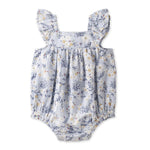 Tesa Babe Baby Girl Blue Floral Bubble Romper – Cotton Linen Sunsuit - 