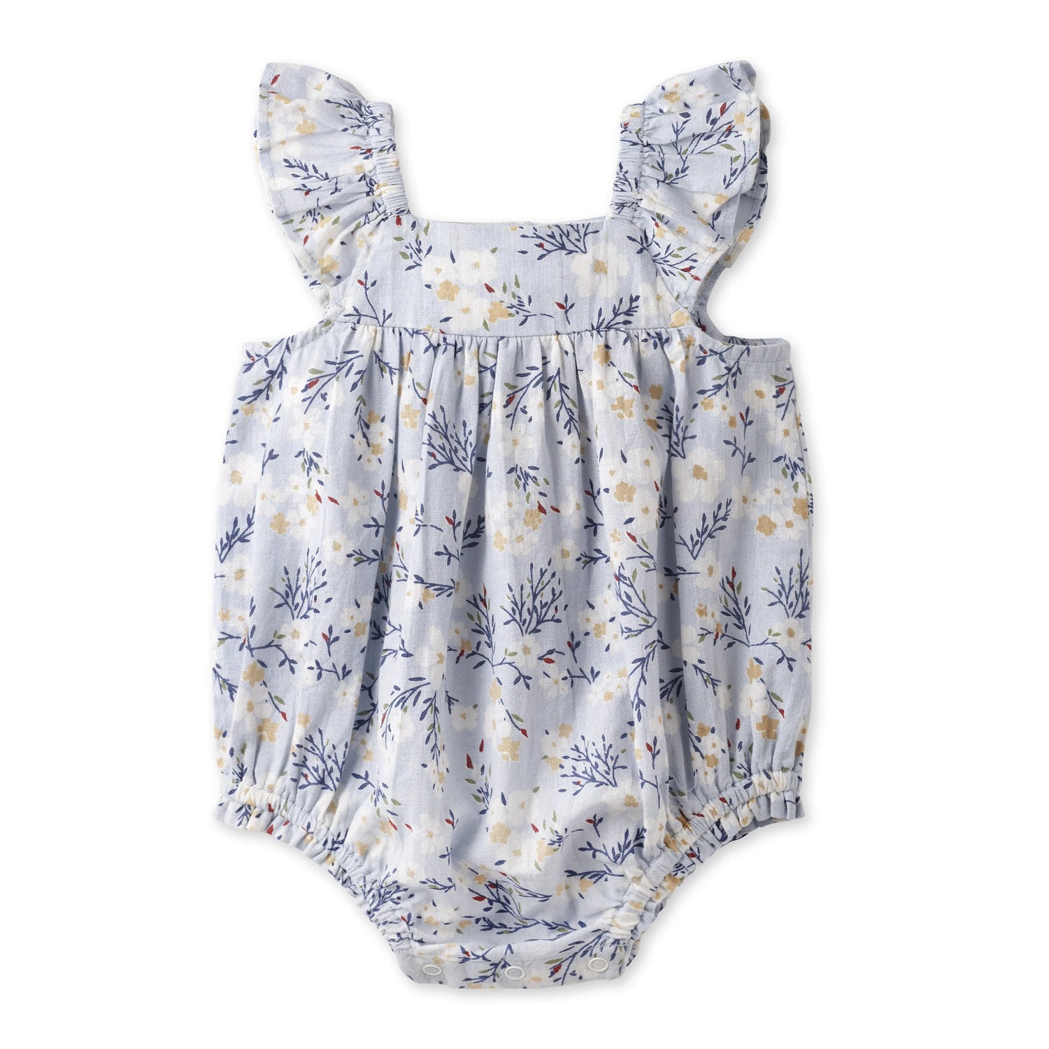 Tesa Babe Baby Girl Blue Floral Bubble Romper – Cotton Linen Sunsuit - 