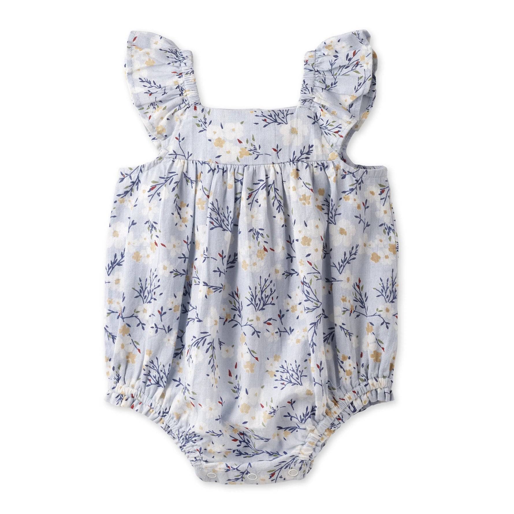 Tesa Babe Baby Girl Blue Floral Bubble Romper – Cotton Linen Sunsuit - 