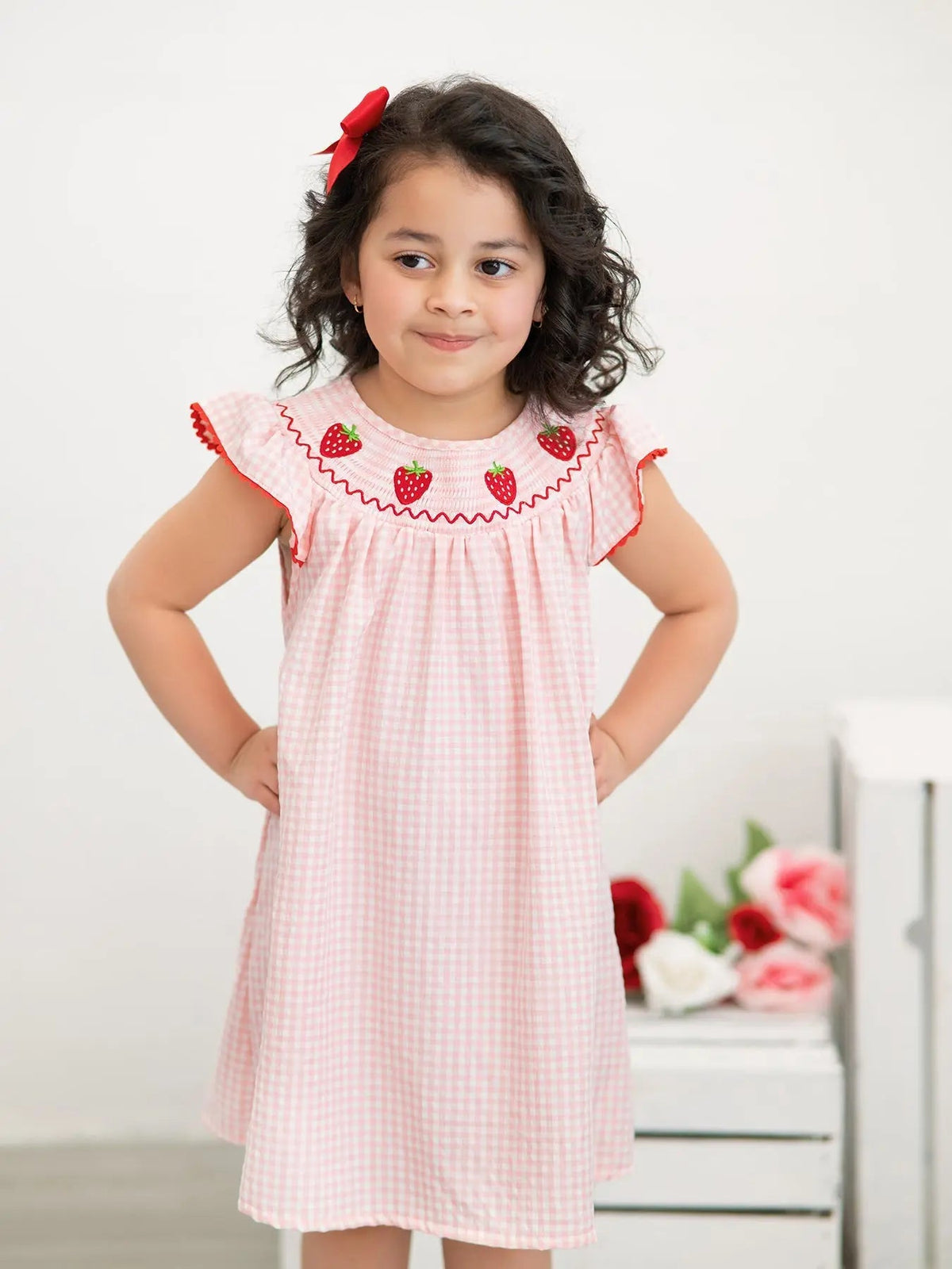 Rylee Faith Designs Baby Girls Strawberry Embroidered Plaid Smocked Dress -