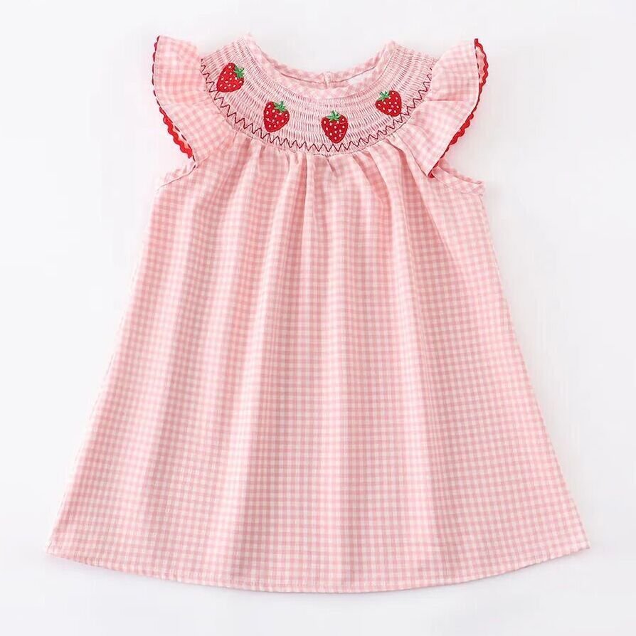 Rylee Faith Designs Baby Girls Strawberry Embroidered Plaid Smocked Dress -