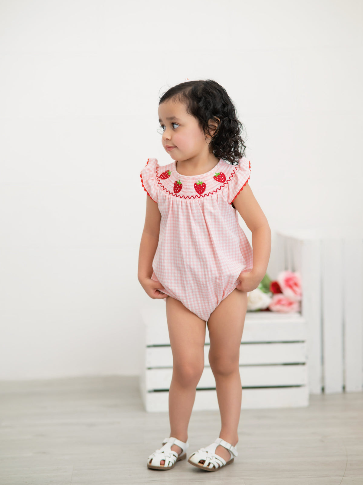 Rylee Faith Designs Baby Girls Strawberry Plaid Smocked Romper - 