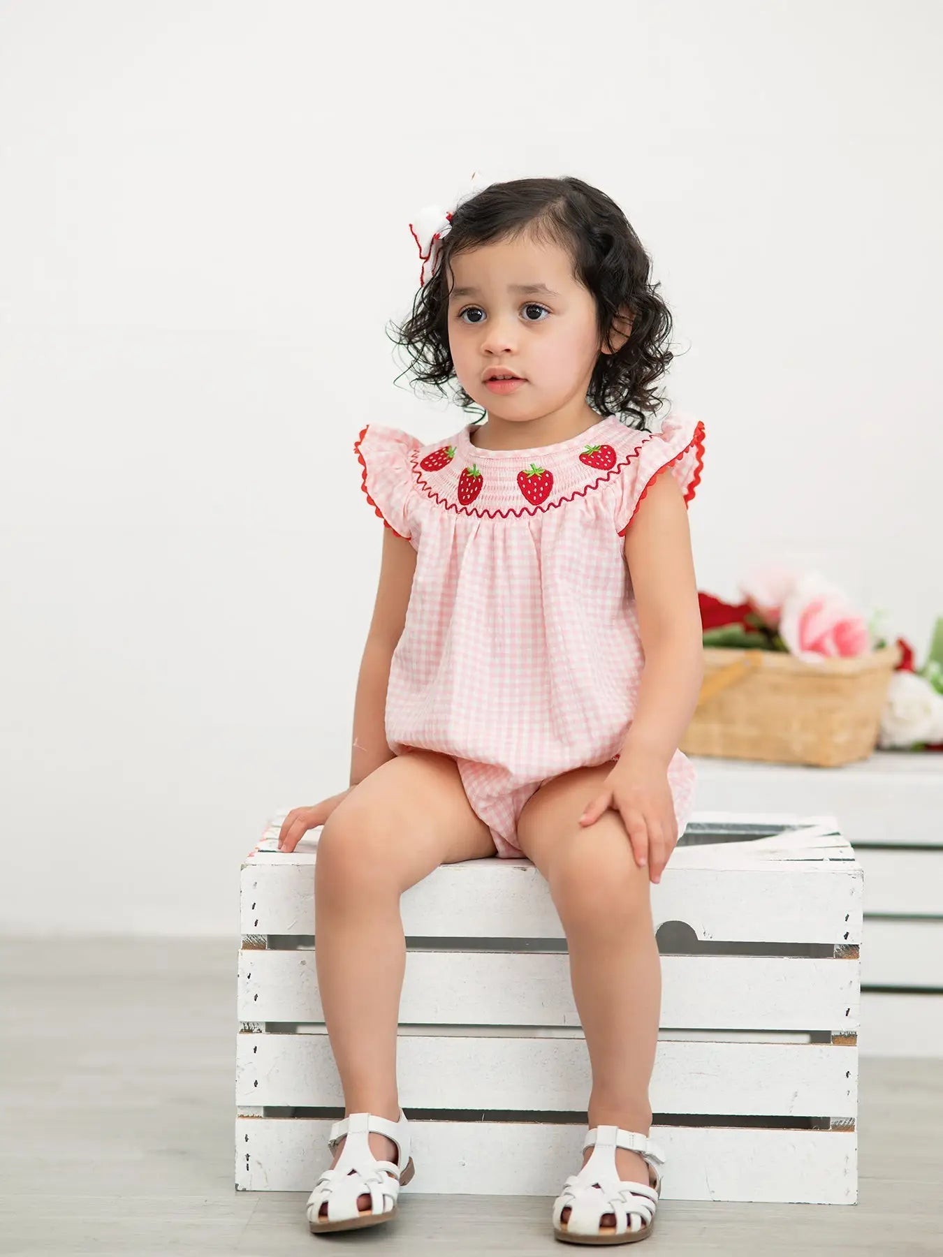 Baby Girls Strawberry Plaid Smocked Romper - Baby & Toddler Clothing, Pink, Child, Dress, Ruffle | Everetts Place
