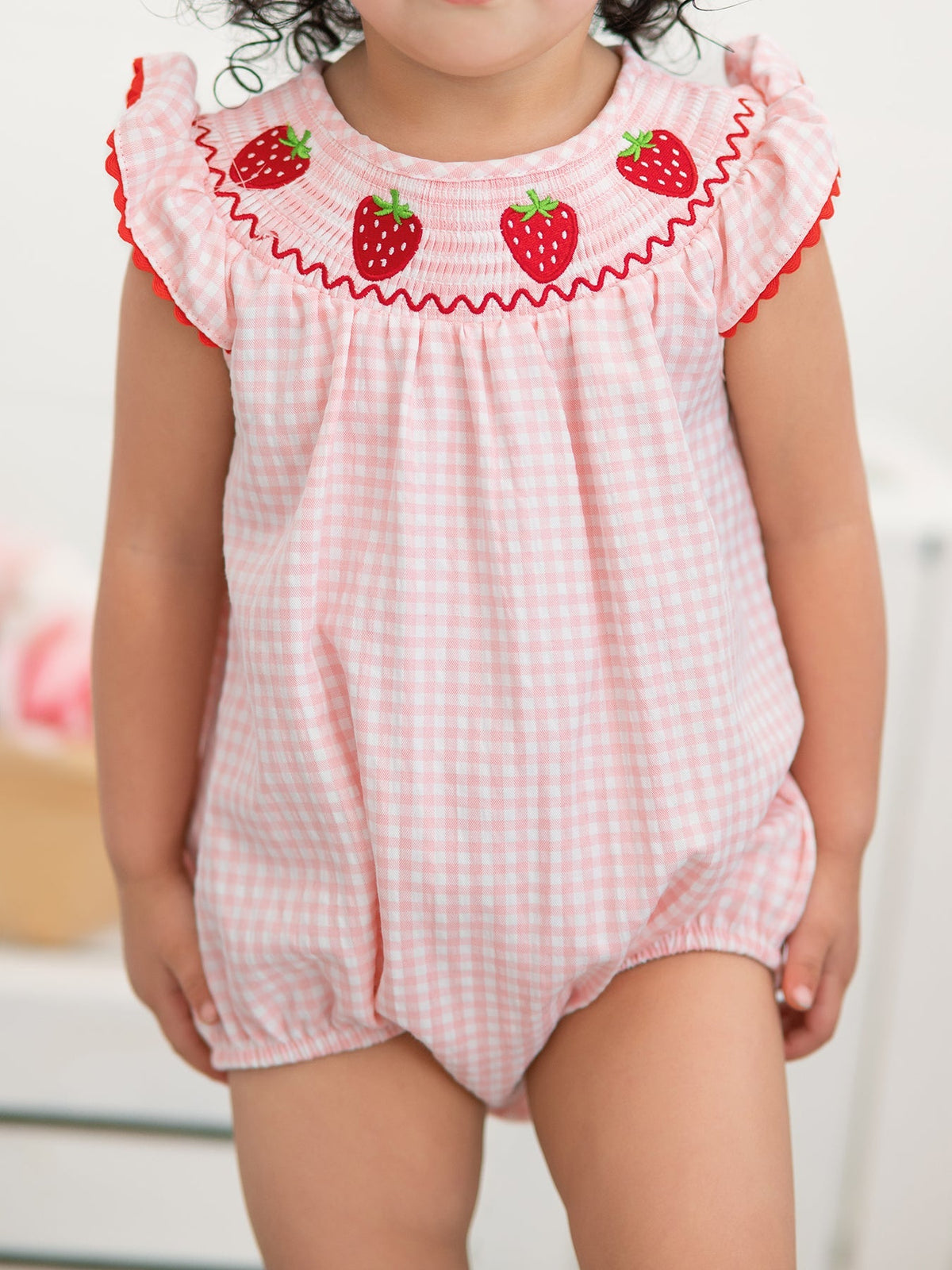 Rylee Faith Designs Baby Girls Strawberry Plaid Smocked Romper - 