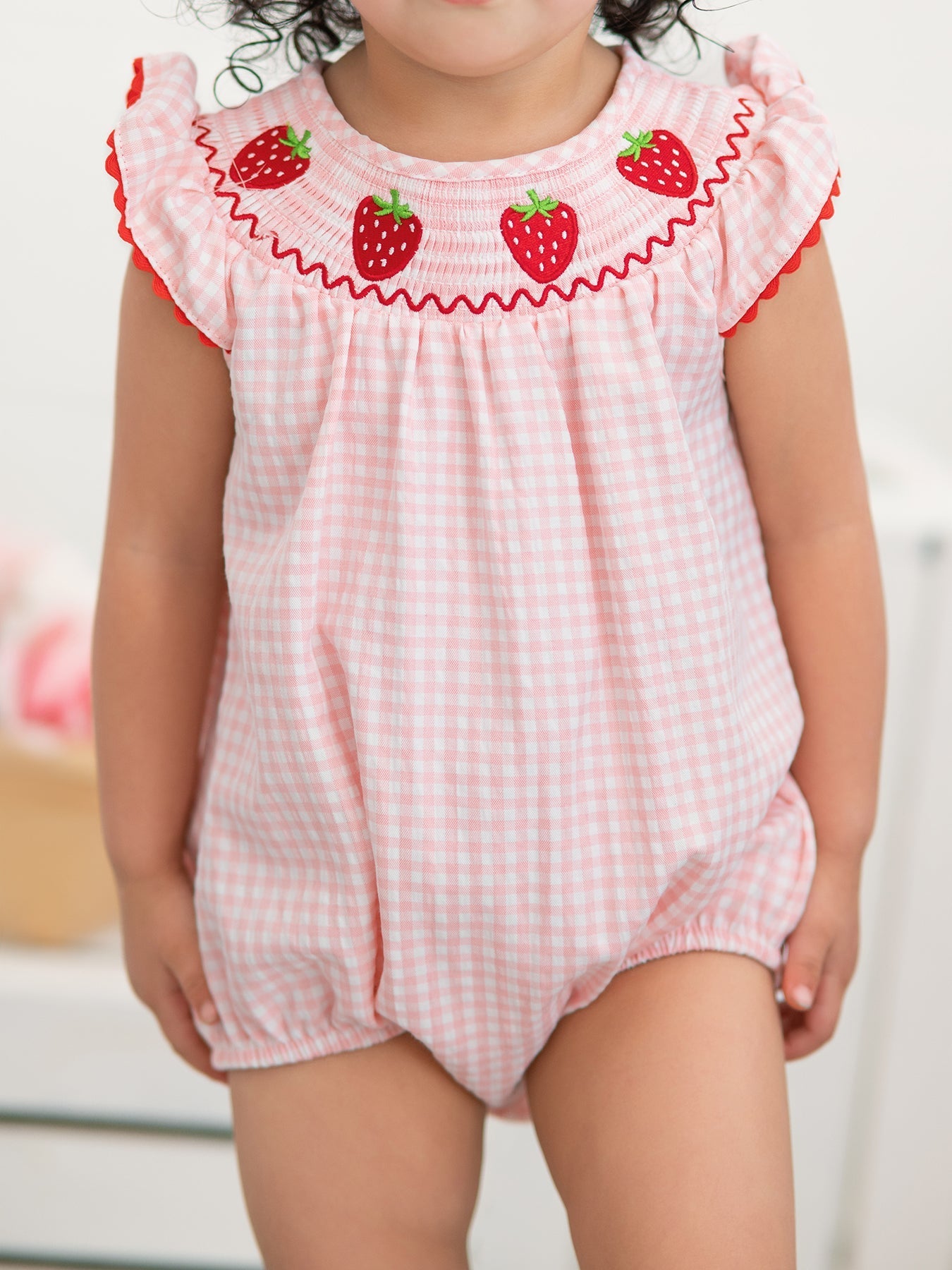 Rylee Faith Designs Baby Girls Strawberry Plaid Smocked Romper - 