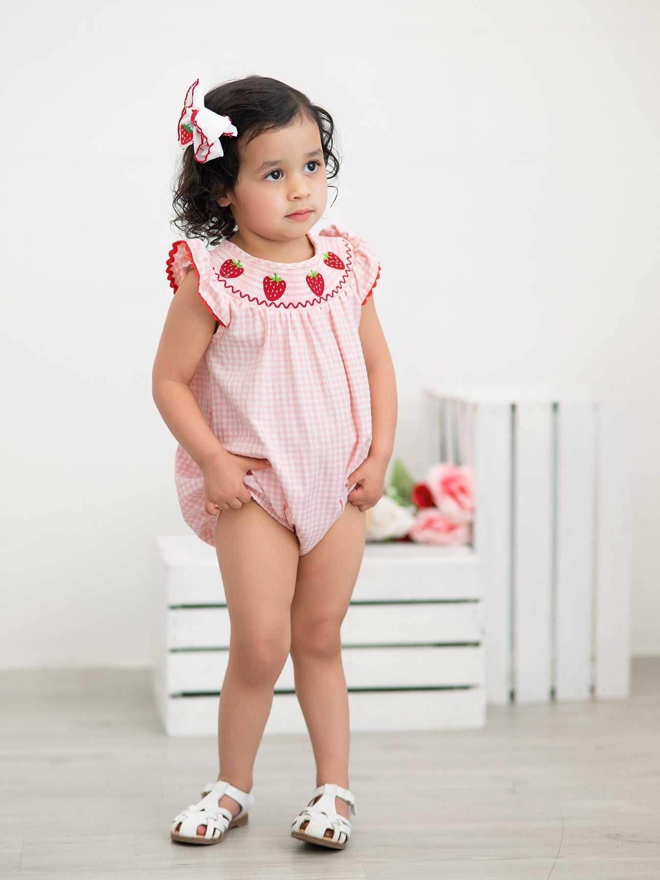 Rylee Faith Designs Baby Girls Strawberry Plaid Smocked Romper - 
