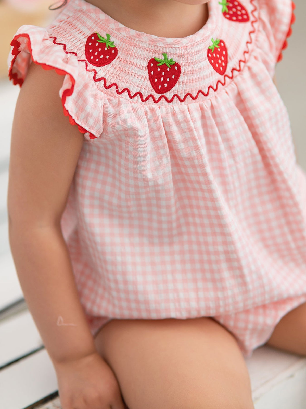 Rylee Faith Designs Baby Girls Strawberry Plaid Smocked Romper - 