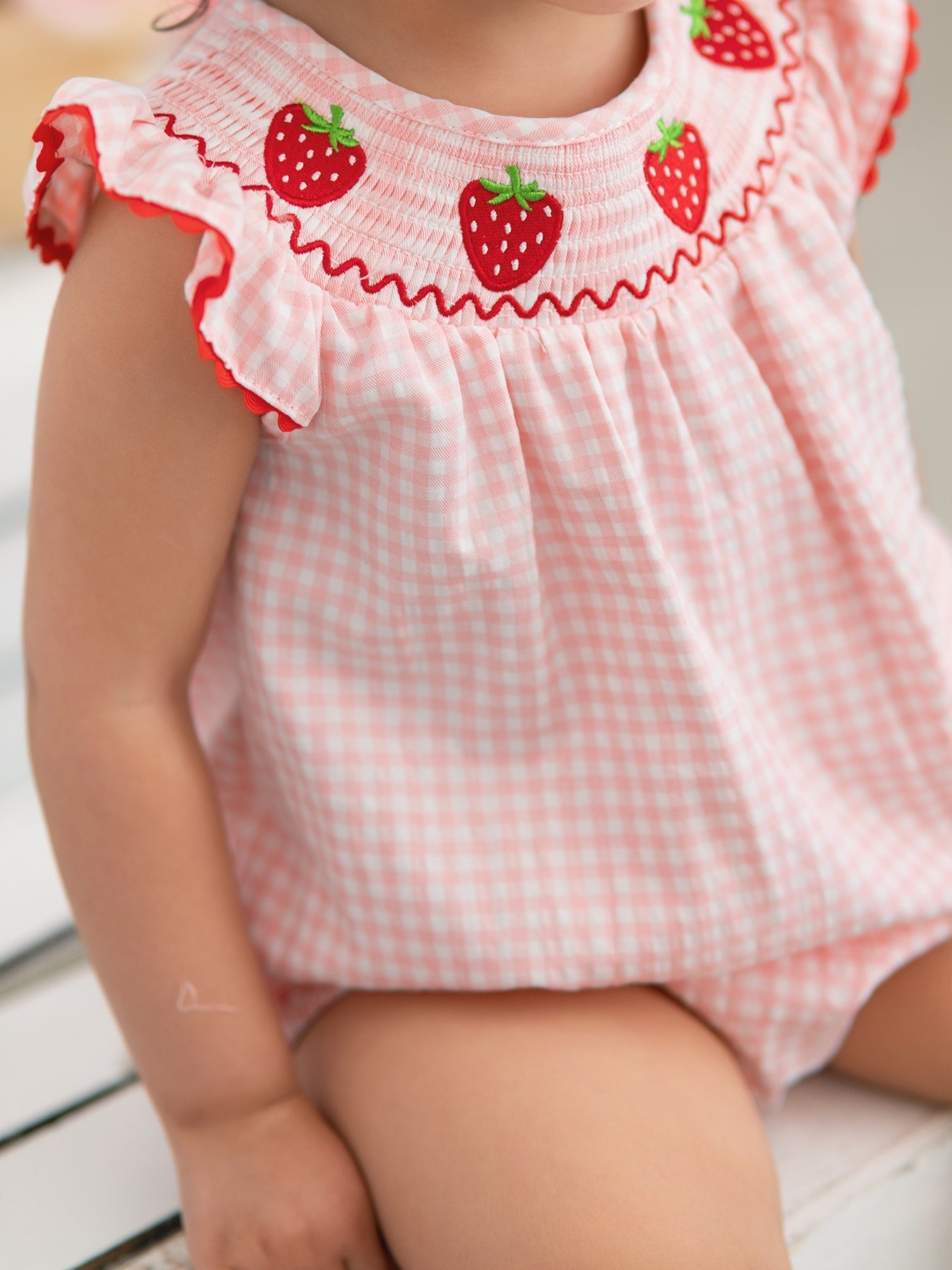 Rylee Faith Designs Baby Girls Strawberry Plaid Smocked Romper - 