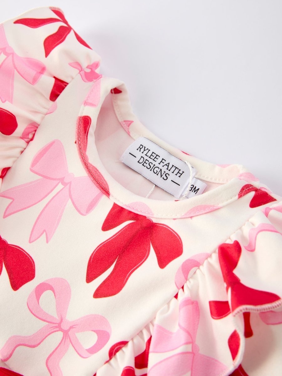 Rylee Faith Designs Baby Girls Valentine’s Bow Print Long Sleeve Ruffle Romper - 
