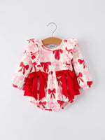 Rylee Faith Designs Baby Girls Valentine’s Bow Print Long Sleeve Ruffle Romper - 