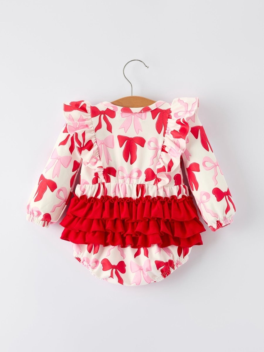 Rylee Faith Designs Baby Girls Valentine’s Bow Print Long Sleeve Ruffle Romper - 