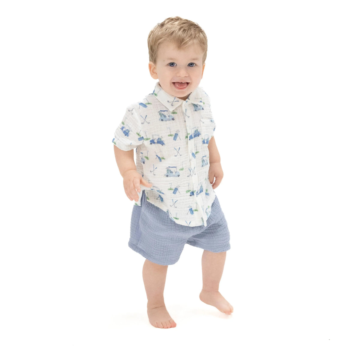 Angel Dear Baby Golf Carts Blue - Polo Button Up with Casual Short - 