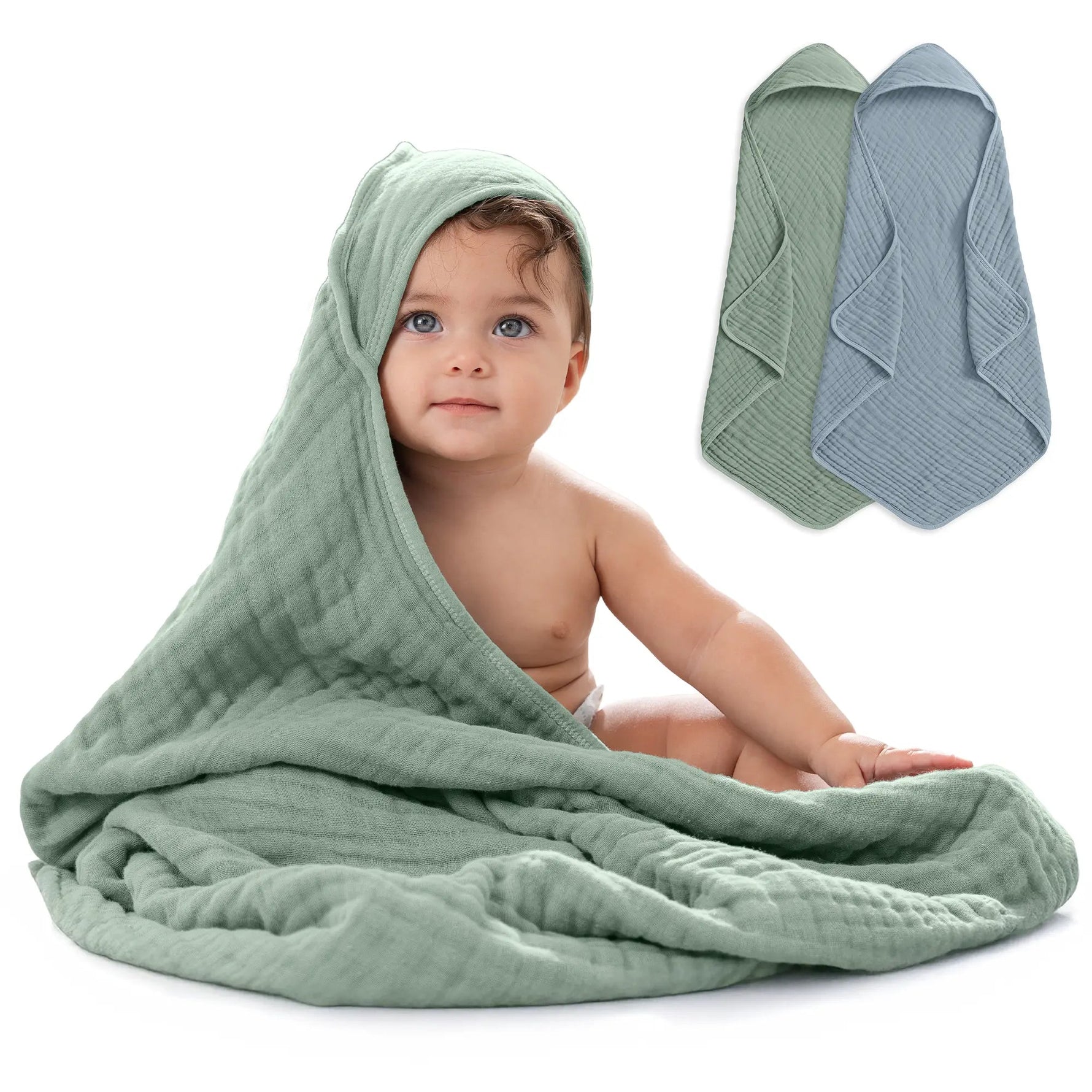 Comfy Cubs Baby Hooded Towels in Pacific Blue & Fern - 